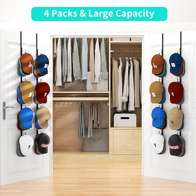 HapiRm Over Door Hat Rack - 4 Packs Metal Hanging Hat Organizer with 16 Hooks Design, Baseball Cap Hanger Organizer Storage H