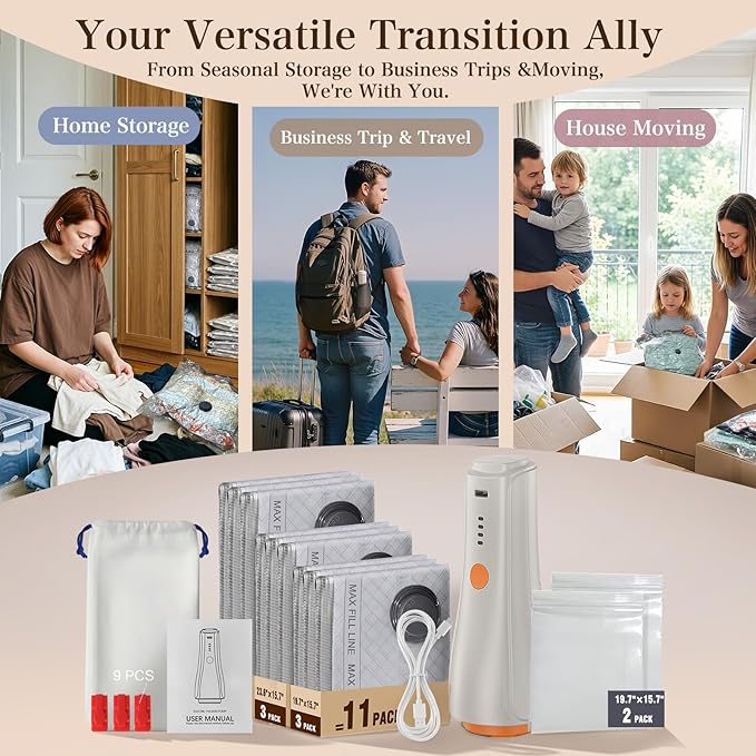 QcoQce Vacuum Storage Bags with Rechargeable Electric Pump, Space Saver Bags for Travel, Vacuum Seal Bags for Clothing, Beddi