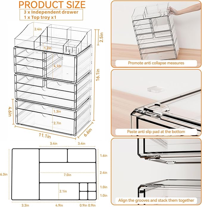 Yieach Acrylic Make up Organizers for Counter,Desk and Vanity,4 Pack Stackable Bathroom Counter Organizer with Drawers,Large 