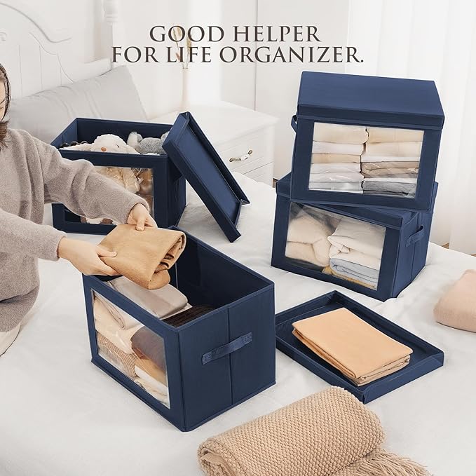 Homsorout Stackable Storage Bins with Lids - Large Storage Box with Lids, Foldable Closet Boxes for Organizing, Wardrobe Clot