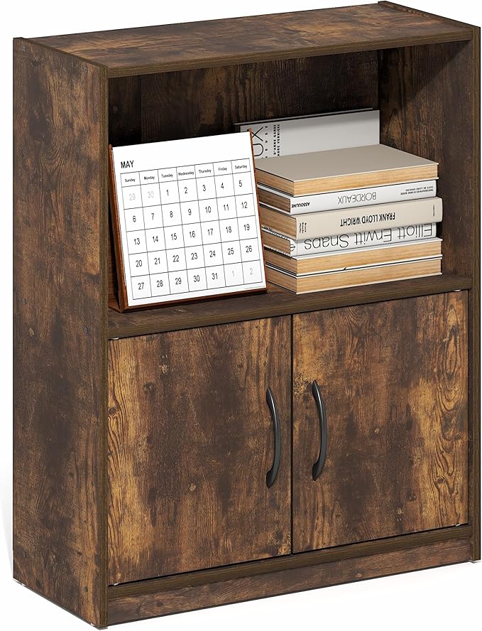 Furinno Gruen Book Shelf, 2-Tier Small Bookshelf, Bookcase with Open Shelf and Doors Storage Cabinet, 9.3 x 21.8 x 27, for Or