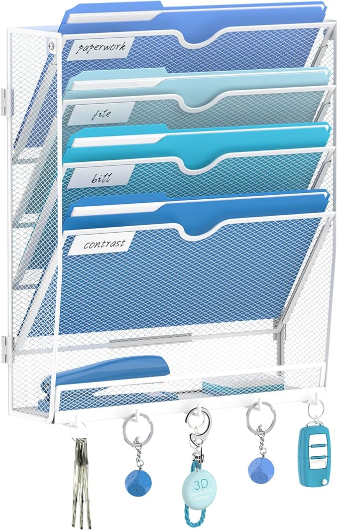 5 Tier Wall File Organizer - Hanging File Organizer with 5 Hooks, Mail Holder Wall Mounted for Papers, Folders, Magazines, Bi