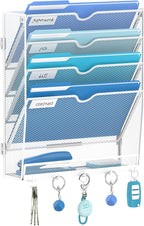 5 Tier Wall File Organizer - Hanging File Organizer with 5 Hooks, Mail Holder Wall Mounted for Papers, Folders, Magazines, Bi
