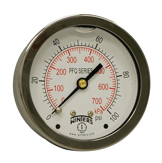 Winters 2-1/2" Dial Size, Liquid Filled Industrial Pressure Gauge, Brass Internals, 304 Stainless Steel Case, Dual Scale 0-100 psi/kPa, 1.5% Acc, 1/4" NPT Back Mount, Glycerin Filled Pressure Gauge