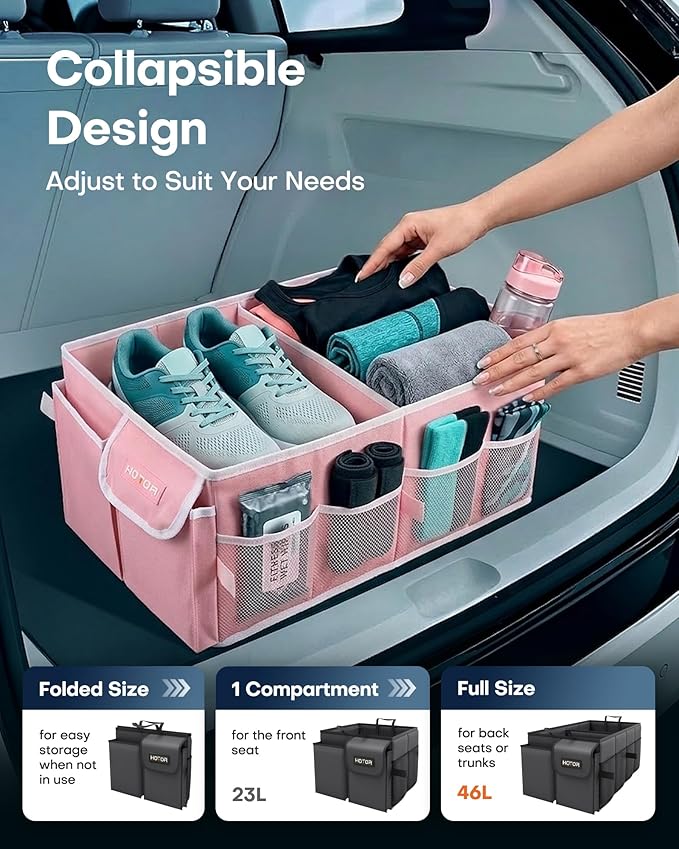 HOTOR Foldable Trunk Organizer - SUV & Sedan Compatible, 2 Compartments, Pink, 23.6x14.2x10.6 Sturdy Car Organization