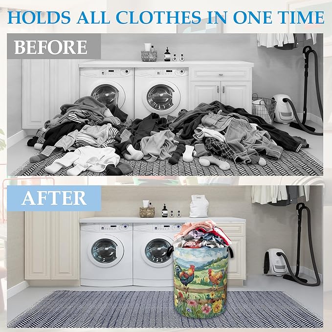 Rooster Laundry Hamper Farm Floral Laundry Basket Collapsible Portable Clothes Toy Storage Bin for Bathroom Bedroom Room Deco