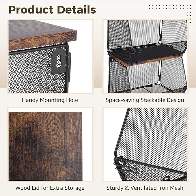 Joyibay 4 Pcs Stackable Fruit Baskets, Metal Mesh Wall Storage Baskets with Wooden Lids, Folding Wire Organizers for Kitchen 
