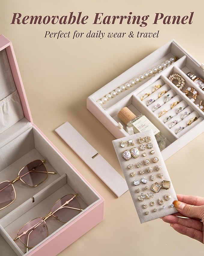 pickpiff 2 Layer Jewelry Box Organizer for Women, Jewelry Organizer with Handle & Removable Tray, Necklace Holder Ring Earrin