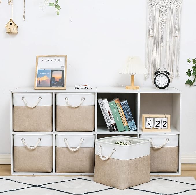 MidmmVick 11 x 11 Inch Cube Storage Bins, 6 Pack Large Collapsible Fabric Storage Bin with Ropes, Foldable Storage Cubes for 