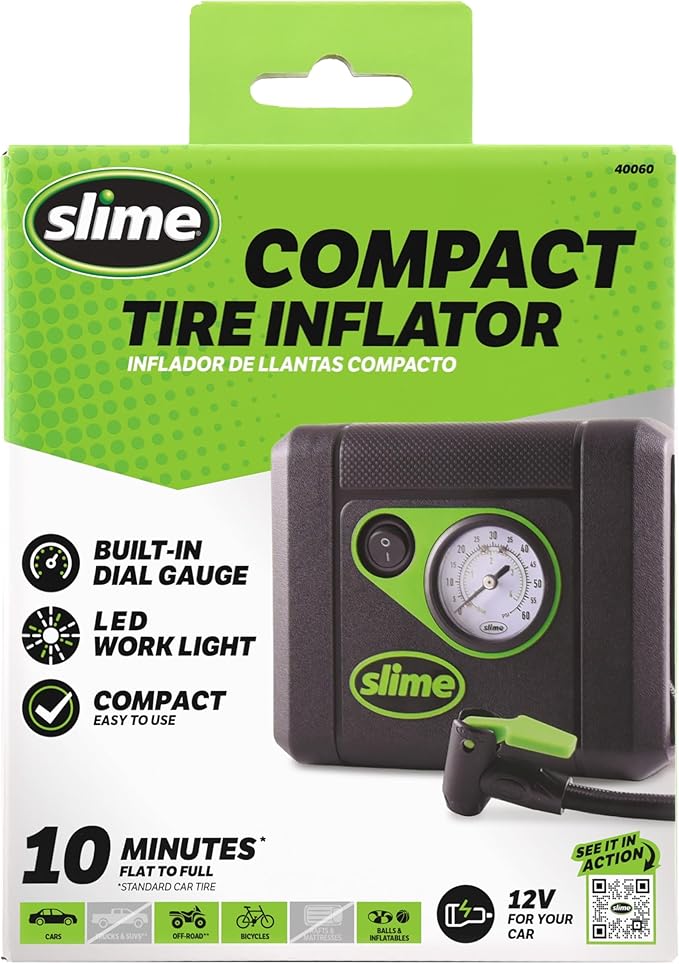 Slime 40060 Tire Inflator, Compact, Portable Car Air Compressor, Analog, Quick Connect Air Hose, Flat Tire Puncture Repair, 12V, 10 min inflation