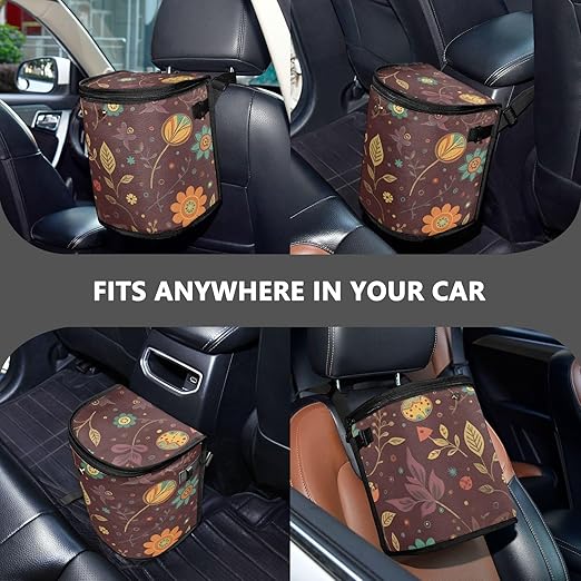 Linqin Autumn Floral Car Trash Can with Lid, Leak Proof, Waterproof, 670 Cubic Inches, 9.1 x 7.1 x 11 inches, Multipurpose Trash Bin for Car, SUV, Truck
