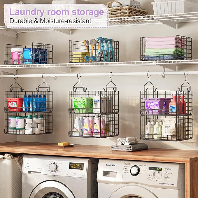 6 Tier Hanging Closet Organizers and Storage Stackable Hanging Closet Shelves with 4 Hooks 2 Adjustable Dividers, Wire Storag