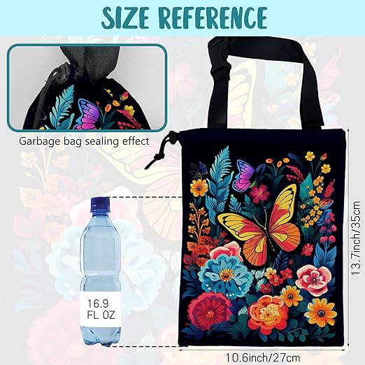 Car Garbage Bag Colorful Flowers and Butterflies Hanging Canvas Car Trash Bag Waterproof Drawstring Car Back Seat Organizer for Car Back Front Seat Console with Adjustable Buckle