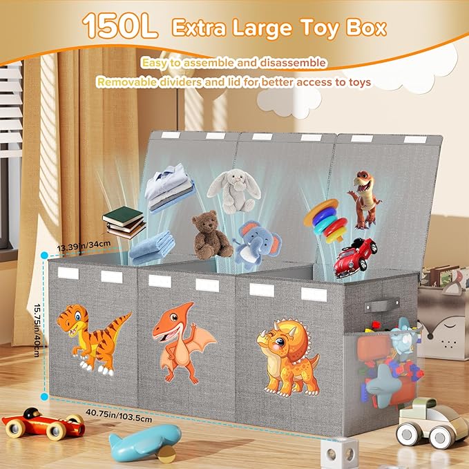 Extra Large Toy Box Chest, Collapsible Sturdy Toy Storage Organizer Boxes Bins Baskets Dinosaur Kids Toy Chest Bin with Lids 