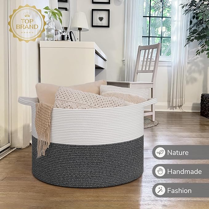INDRESSME 115L Extra Large Cotton Rope Blanket Basket, Woven Baby Laundry Baskets for Clothes Pillows Towel, Toy Baksets for 