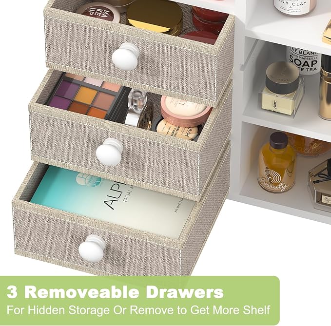 Large Makeup Organizer Countertop With Brush Holder Drawer For Vanity,Bamboo Bathroom Counter Organizers And Storage,Cosmetic
