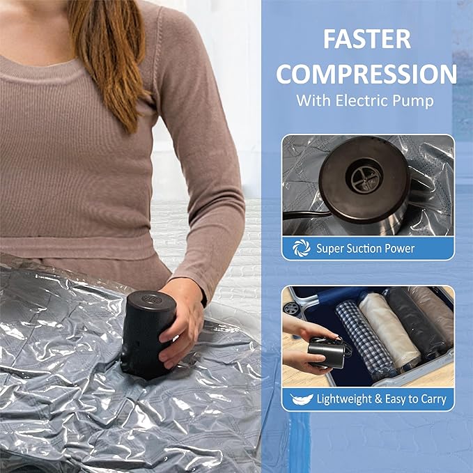 Vacuum Storage Bags with Electric Pump, Space Saver Vacuum Seal Bags with Pump, Sealer Compression for Clothes, Comforters, B