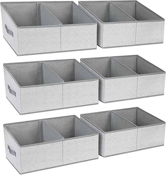 DIMJ Large Closet Shelf Organizer Bins 6 Packs with Handles and Divider, Fabric Trapezoid Storage Baskets, Foldable Clothes C