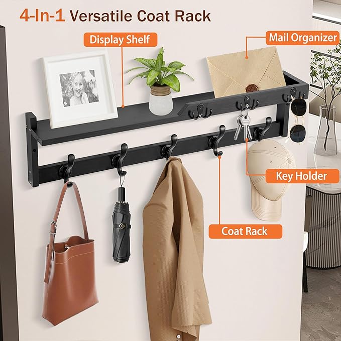 29'' Coat Rack Wall Mount with Shelf, Coat Hanger Wall Mount with Key Hooks and Mail Holder, Wood Entryway Floating Shelf wit