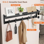29'' Coat Rack Wall Mount with Shelf, Coat Hanger Wall Mount with Key Hooks and Mail Holder, Wood Entryway Floating Shelf wit