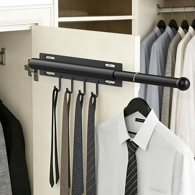 Valet Rod for Closet Retractable with 4 Hooks, 13.4"-23.2" Pull Out Clothes Hanger Rail, Heavy Duty Alloy Steel Side Mount Wa