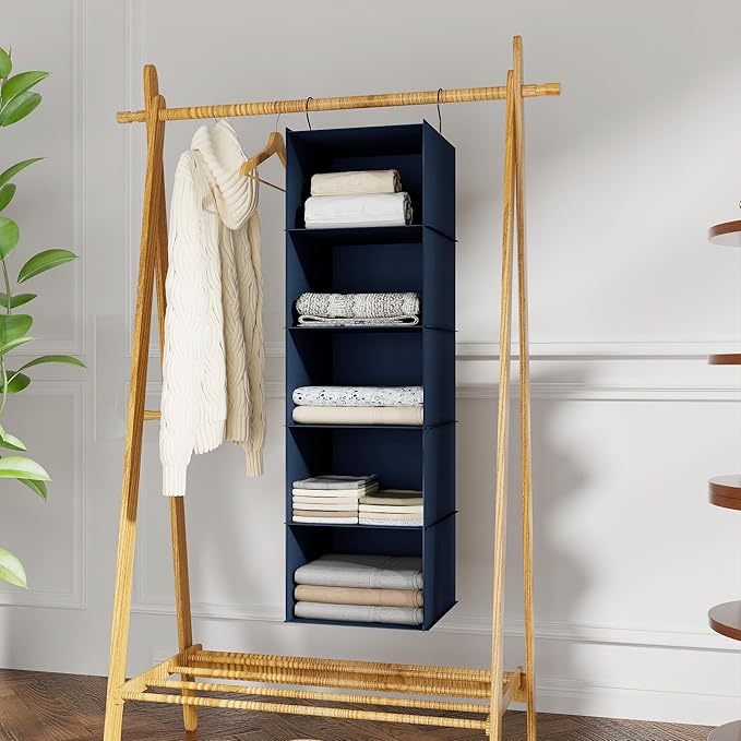 Hanging Closet Organizer and Storage 5-Shelf, Easy Mount Foldable Hanging Closet Wardrobe Storage Shelves, Clothes Handbag Sh