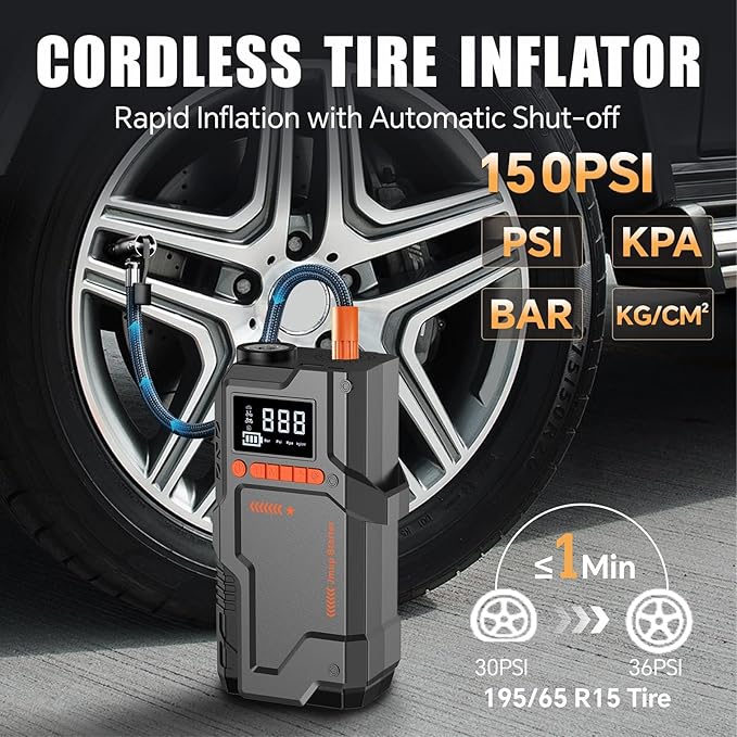 Jump Starter with Air Compressor, 5000A Battery Jumper Starter Portable (9.0 Gas/8.0L Diesel),150 PSI Tire Inflator, 12V