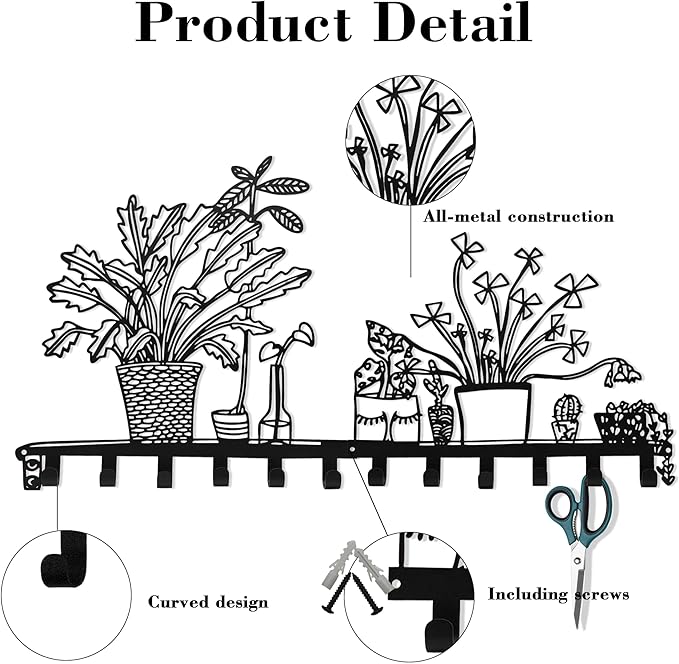 Black Large Metal Rack Wall Mount, Decorative Wall Hanger with 12 Hooks for Coat, Hat, Bag, Car Key, Unique Wall Hooks for En