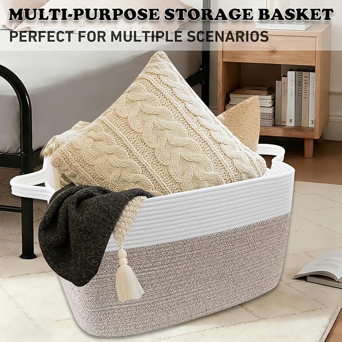 96L Large Blanket Basket,24"x16"x15"Rectangle Storage Bin with Handles,Woven Rope Laundry Basket for Toys, Clothes,Magazines,