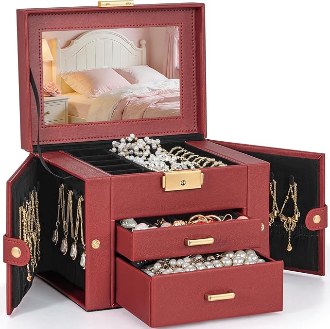 TORIBIO Jewelry Box for Women, Leather Jewelry Organizer with Mirror & Lock, 3-Tier Jewelry Storage Organizer with 2 Drawers 