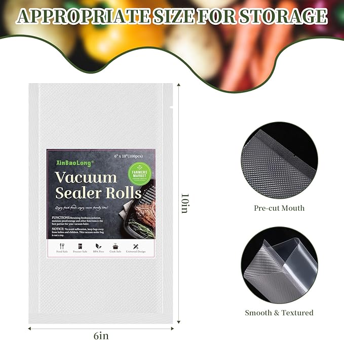 Vacuum Sealer Bags For Food - 100 Quart 6" x 10" - Commercial Grade BPA Free Bag - Durable Customized Size Food Vac Bags for 