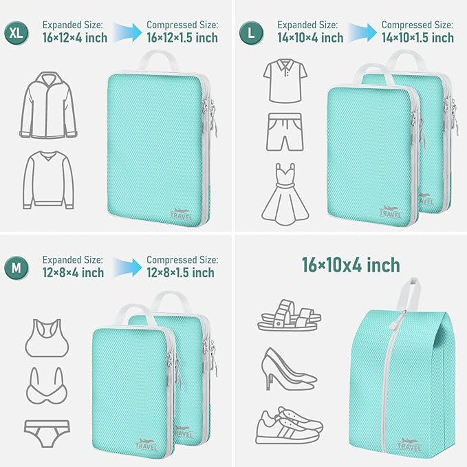 6 Set Compression Packing Cubes, Suitcase Organizer, Lightweight Travel Essentials, Compression Bags For Travel Accessories L