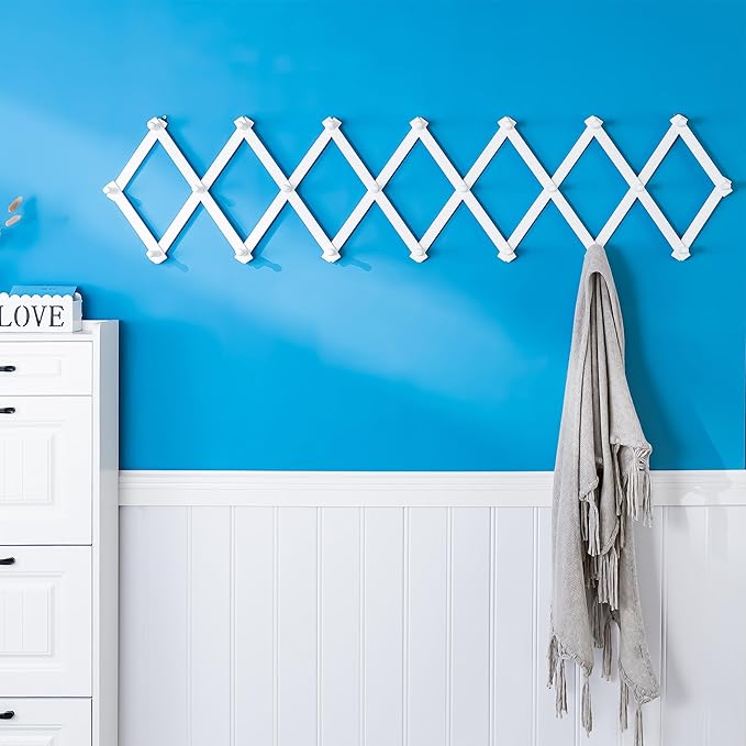 SKOLOO Accordion Wall Hanger with 22 Hooks, Modern Expandable Coat Rack Hat Rack for Wall, Solid Wooden, White
