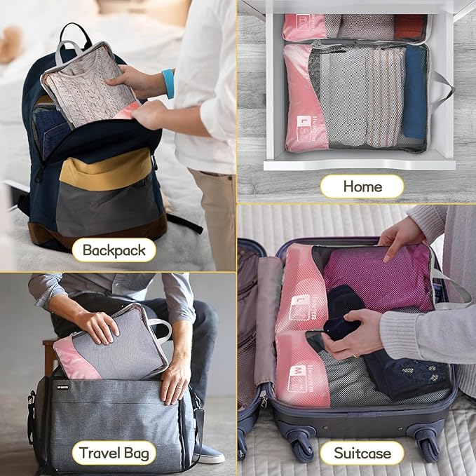 Compression Packing Cubes 8 Set, Dual Zipper Compression Packing Cubes for Travel, See-Through Mesh Packing Bags for Suitcase