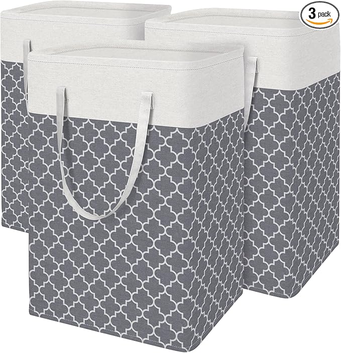 BlissTotes 3-Pack Laundry Basket, Freestanding＆Waterproof Laundry Hamper, Collapsible Tall Clothes Hamper with Easy Carry Han
