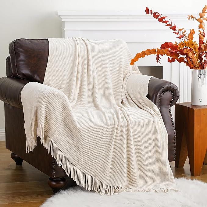 BATTILO HOME Beige Throw Blanket for Couch, Soft Chenille Knit Throws with Tassels for Home Decor, White Cream Throws for Bed