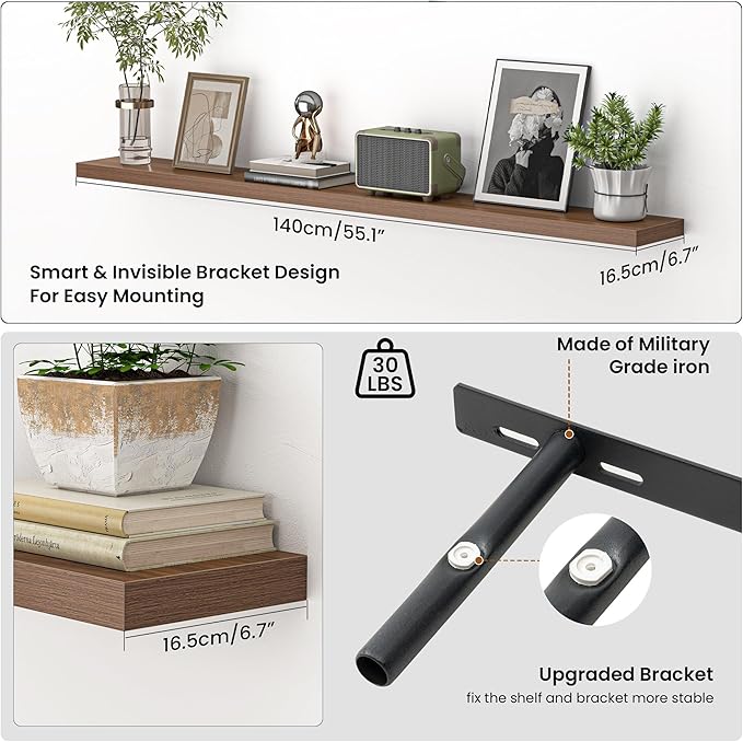 Heimlove 55 Inch Floating Shelves for Wall,Extra Long Mounted Storage Wall Shelves with Invisible Metal Bracket for Bedroom L