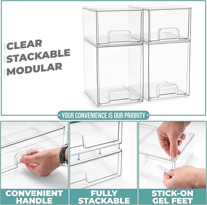 Sorbus Acrylic Storage Containers - 4 Pack, Stackable Storage Bins Set for Bathroom Organization - Clear Acrylic Drawer Organ