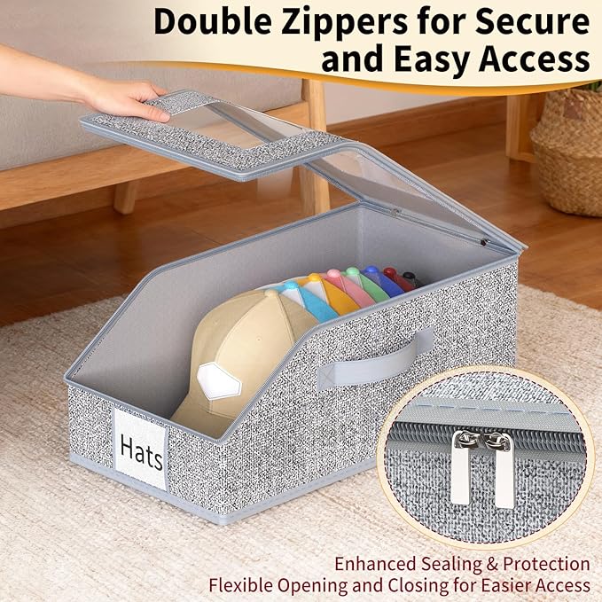 3 Pack Stackable Hat Organizer for Baseball Caps, Hat Storage with Clear Window Lid, Holds up to 45 Ball Cap Storage Organize