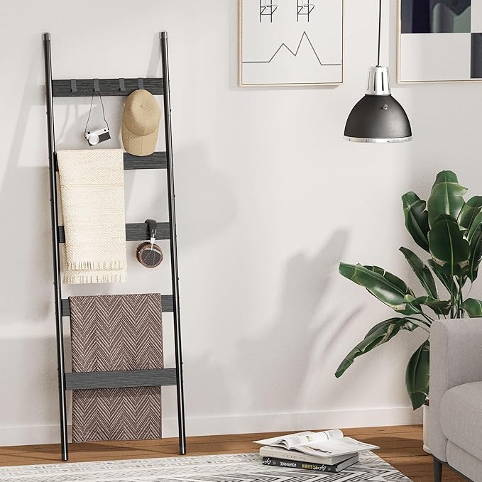 Blanket Ladder, 5-Tier Towel Holder with 4 Removable Hooks, Farmhouse Wall Leaning Decorative Rack Shelf, Wooden Towel Displa