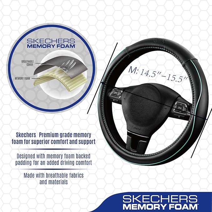Skechers Memory Foam Steering Wheel Cover,Piping Microfiber Leather Steering Wheel Cover Sporty Universal Fit 14" 1/2-15" Car