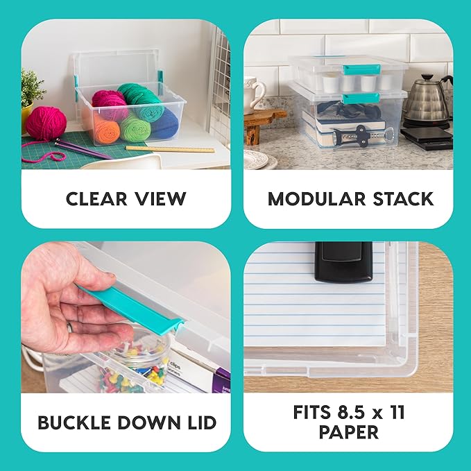 IRIS USA 12 Qt. Craft Storage Bins with Lids, 4-Pack, |Made in USA|, Clip Box, Medium Plastic Sensory Bin Tote Organizer Cont