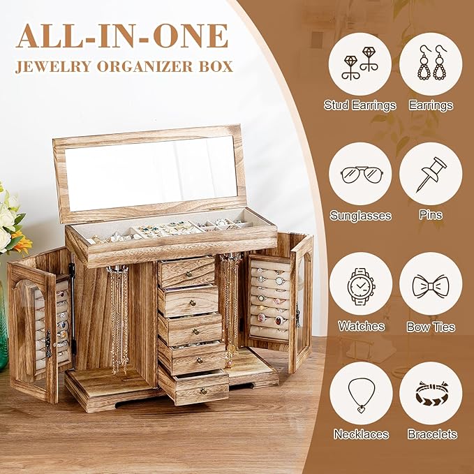 Miratino Jewelry Box for Women Girls, Rustic Wooden Jewelry Organizer Box with Mirror, 5 Layer Jewelry Storage Case Display f
