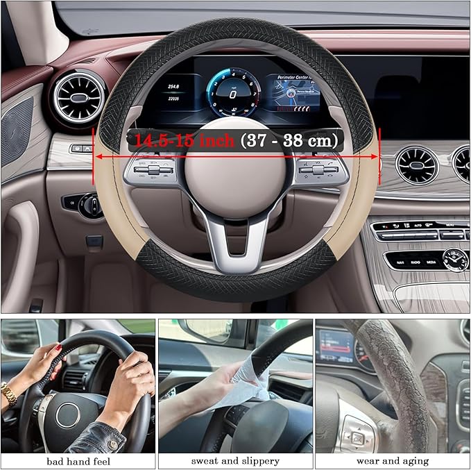 Black & Beige Car Steering Wheel Cover, Microfiber, Leather Patchwork, Universal 14.5-15 Inch Leather Anti-Slip Breathable Au