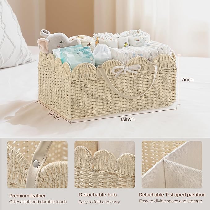 HBlife Baby Diaper Caddy, Paper Rope Storage Baskets Nursery Bin with Removable Divider, Portable Car Organizer for Diapers, 