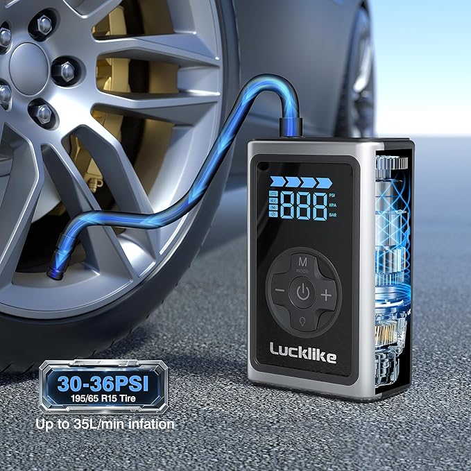 Lucklike Tire Inflator Portable Air Compressor, 150PSI Cordless Portable Air Pump for Car Tires with Pressure Gauge & LED Lights- 5X Faster Tire Pump for Car, Motorcycle, Bicycle and Balls