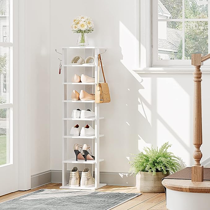 HOOBRO 8 Tiers Vertical Shoe Rack, Wooden Shoe Storage Organizer with Hooks, Narrow Shoe Tower for 8 Pairs, Space Saving, for