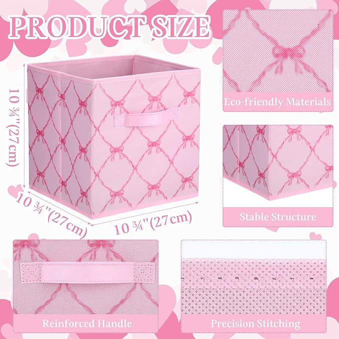 Geelin 6 Pcs Pink Bow Cube Storage Bins 11 Inch Storage Basket with Handle, Preppy Girls Organizer Basket, Collapsible Fabric