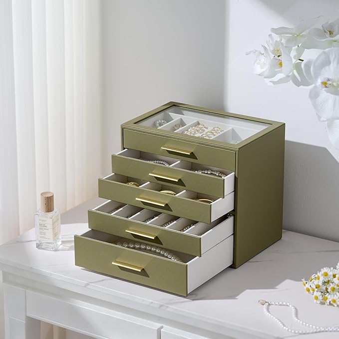 Jewelry Box Organizer Case for Women: 5-Layer Jewelry Storage Case with Glass Window, Olive Green Leather with Cream Velvet, 