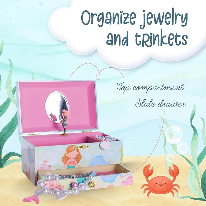 The Memory Building Co Mermaid Musical Jewelry Box Plays Classic Melody, Storage Organizer Music Box for Kids Ages 6-12, MDF 